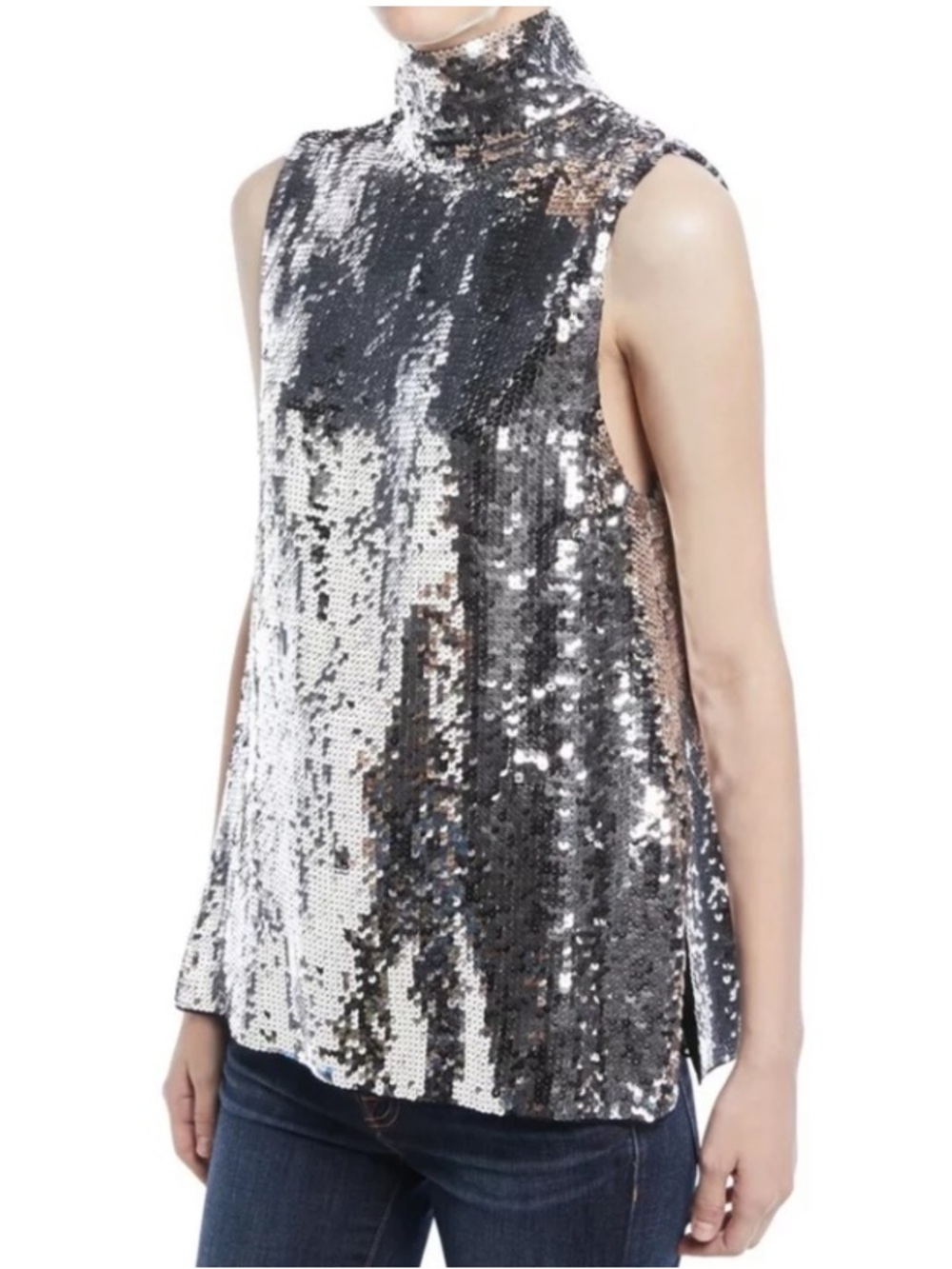 Tibi Silver Sequin Mock-Neck Turtleneck Sleeveless Shell Top, US 4, Side Slits